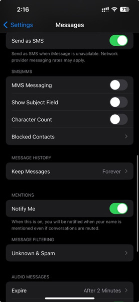 iPhone Messages App Settings