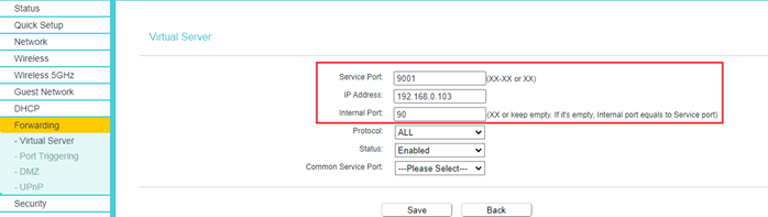 Virtual Server Enabling Port Forwarding Screenshot